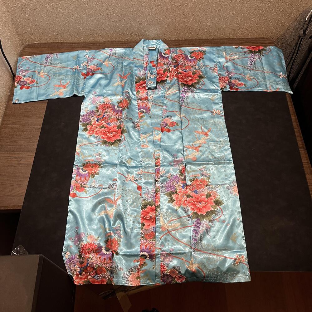 Japanese Kimono Robe Womens 42 Blue Floral Crane Satin Belted Made in Japan